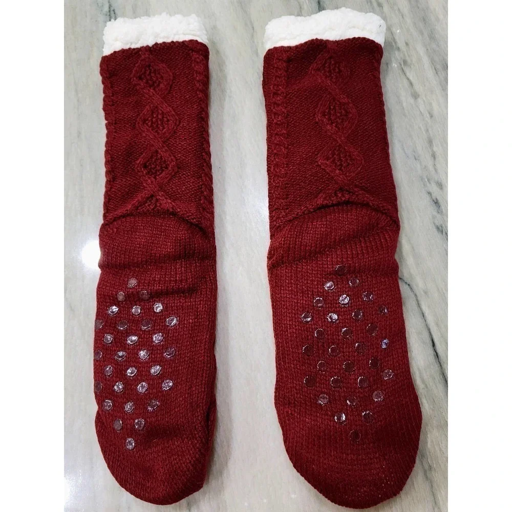 YSENSE Knit Sherpa Lined Slipper Socks Red Wine NWT